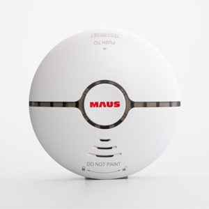 MAUS Rauch smart smoke alarm. The smoke alarm is white with a gray line in the middle. Main picture from the front