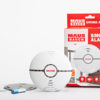MAUS Rauch smart smoke alarm. The smoke alarm is white with a gray line in the middle. Package image